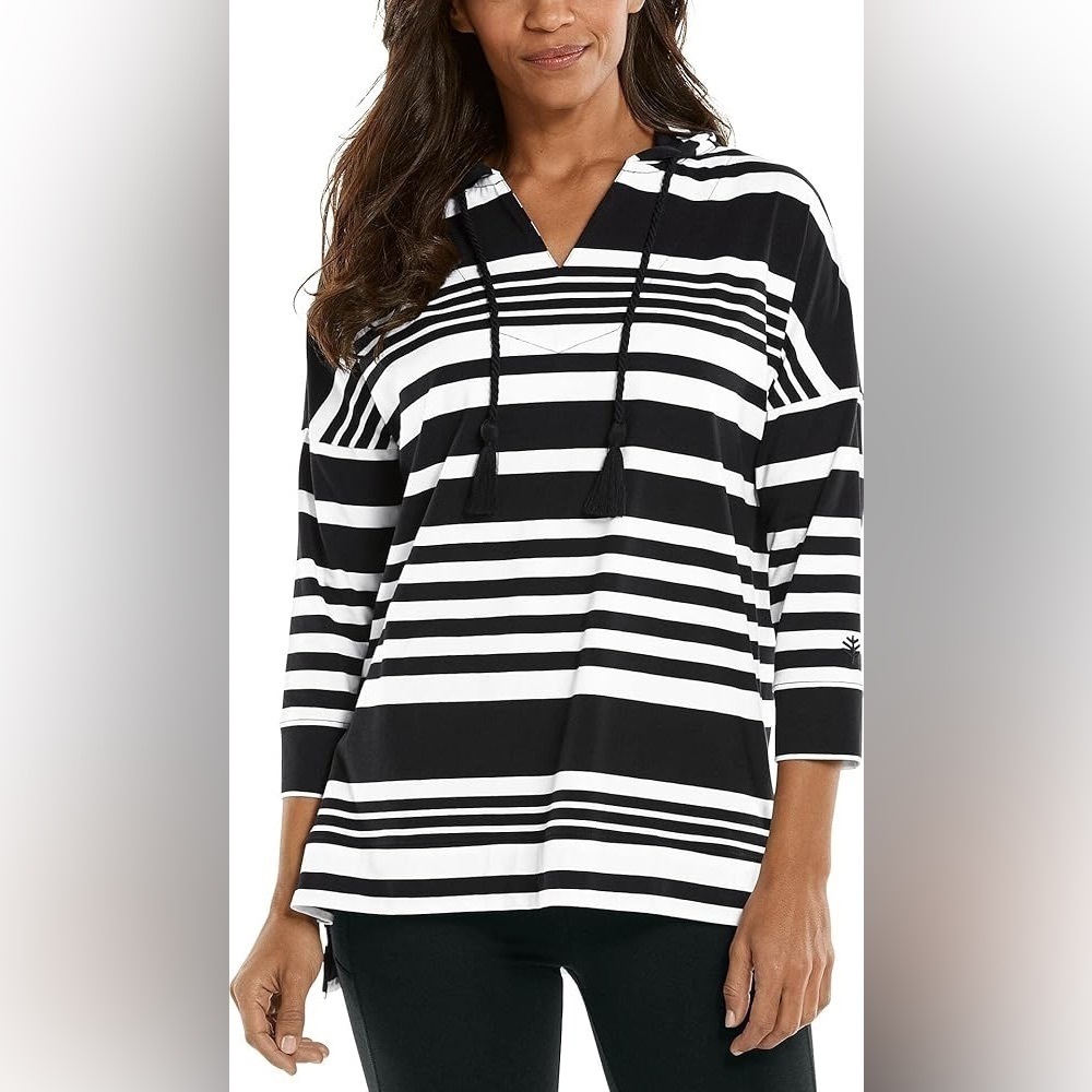 Coolibar Key Colony Beach Hoodie 50+ UPF Black White Stripe Drop Shoulder Large